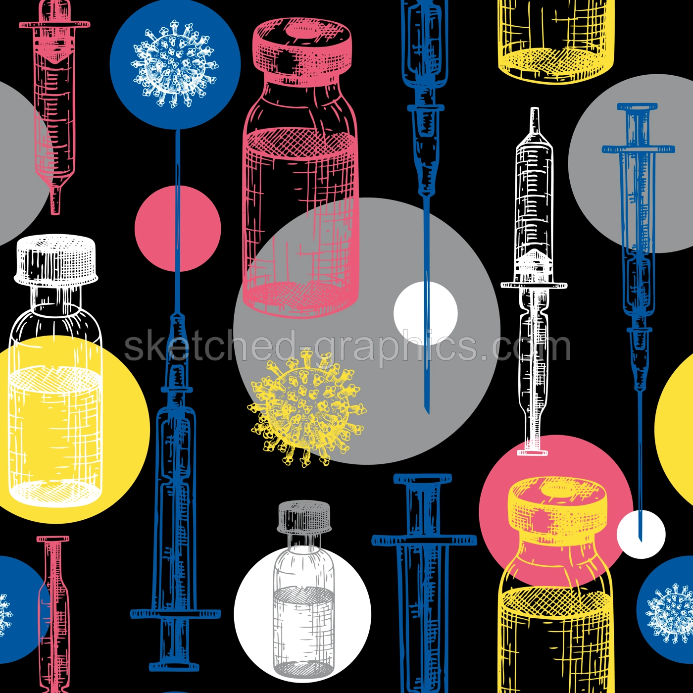 Coronavirus vaccine seamless pattern. Vector backdrop with vaccine bottle and syringe injection tools sketches. Trendy Coronavirus vaccine concept. Vector covid19 immunization backdrop Illustration